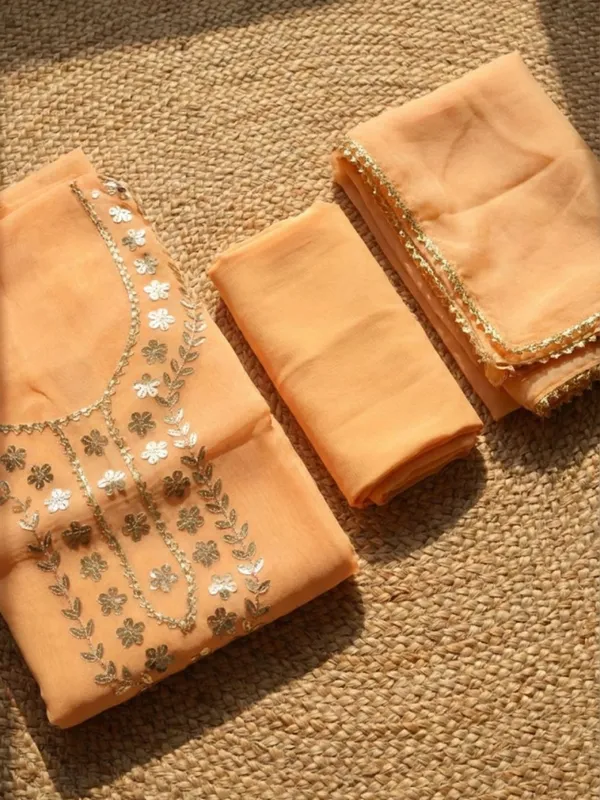 Gulnaar_Organza_Silk_Gota_Patti_Suit_(T+B+D)_Set_Light_Orange