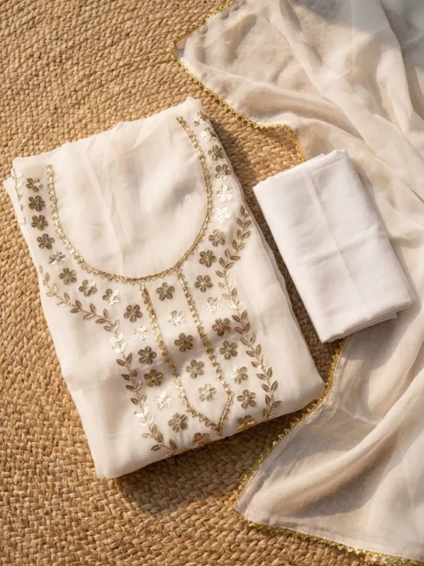 Gulnaar_Organza_Silk_Gota_Patti_Suit_(T+B+D)_Set_Off_White
