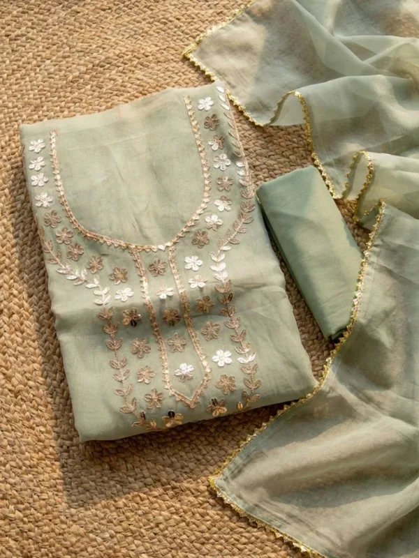 Gulnaar_Organza_Silk_Gota_Patti_Suit_(T+B+D)_Set_Sage_Green