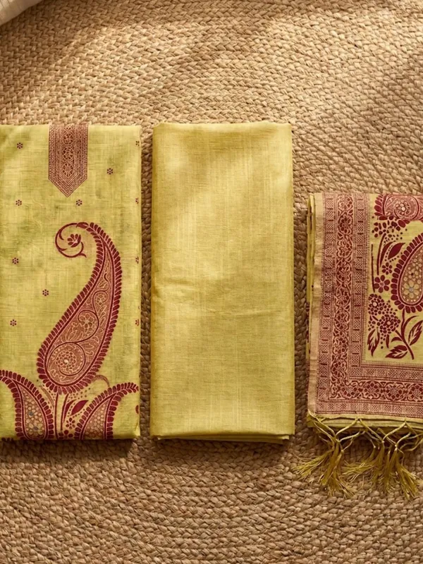 Rooprekha_Cotton_Jamdani_Suit_(T+B+D)_Lime_Yellow