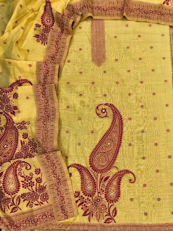 Rooprekha_Cotton_Jamdani_Suit_(T+B+D)_Lime_Yellow