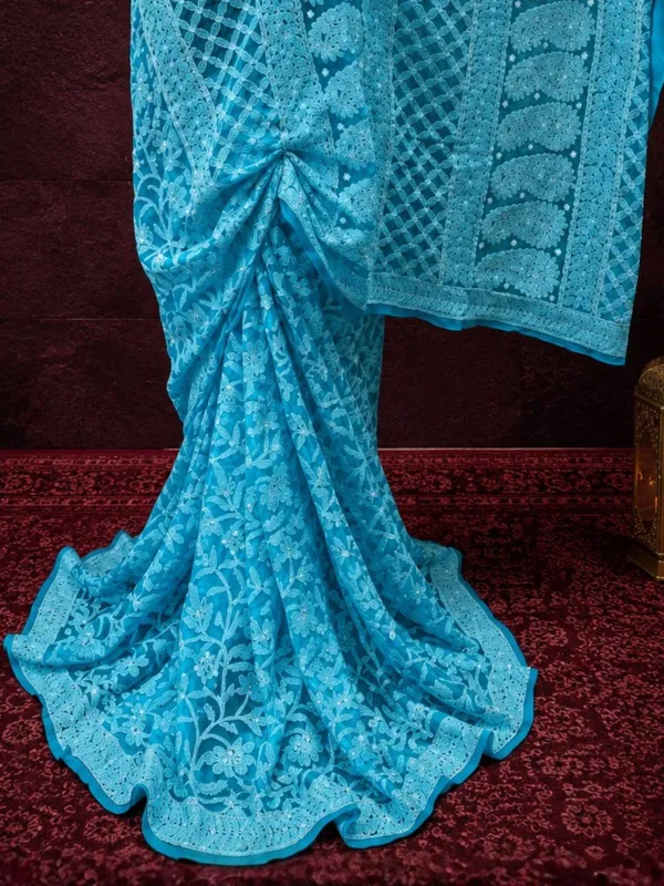Taanvika_Georgette_Chikankari_Saree_Cyan_Blue