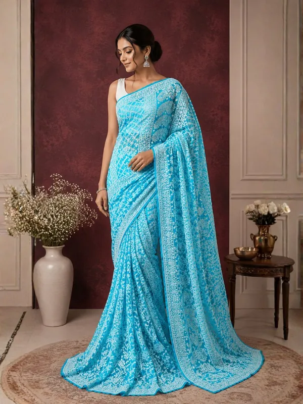 Taanvika_Georgette_Chikankari_Saree_Cyan_Blue