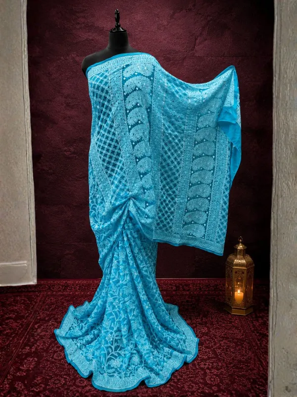Taanvika_Georgette_Chikankari_Saree_Cyan_Blue