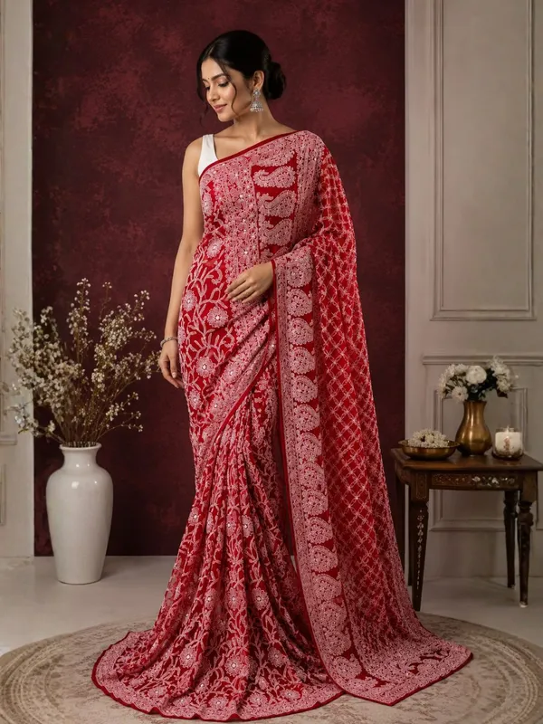 Taanvika_Georgette_Chikankari_Saree_Red