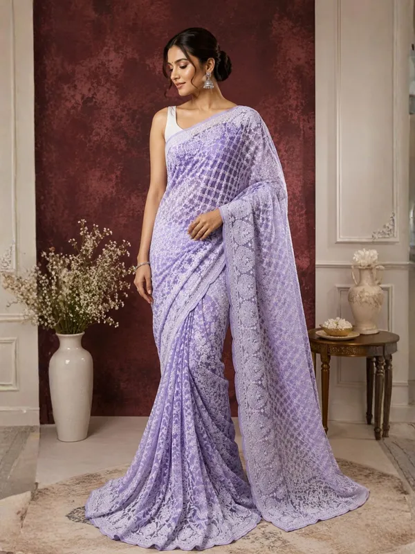 Taanvika_Georgette_Chikankari_Saree_Light_Purple