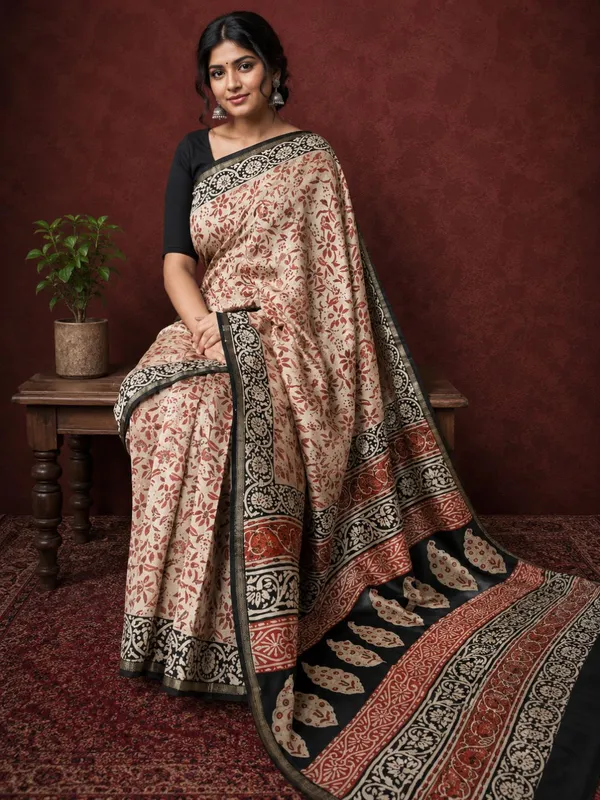 Kalamkari_Vaibhav_Chanderi_Silk_Saree_Kora_Beige