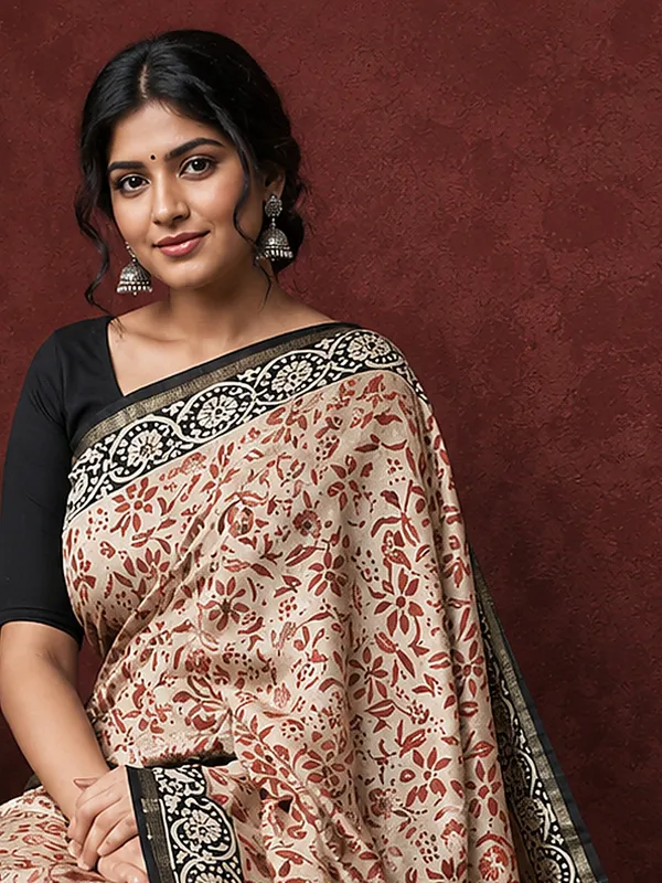Kalamkari_Vaibhav_Chanderi_Silk_Saree_Kora_Beige
