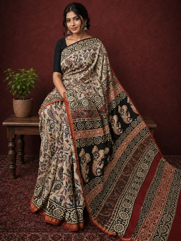 Kalamkari_Vaibhav_Chanderi_Silk_Saree_Ecru_Beige