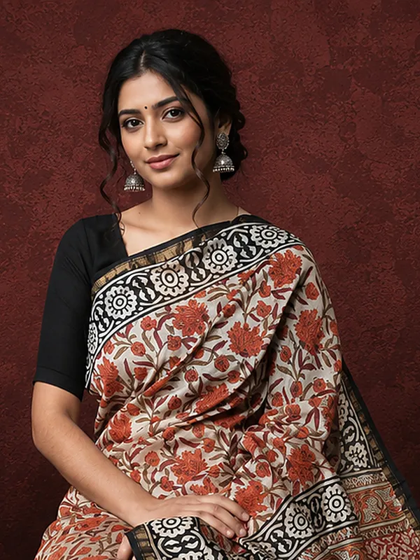 Kalamkari_Vaibhav_Chanderi_Silk_Saree_Hemp_Beige