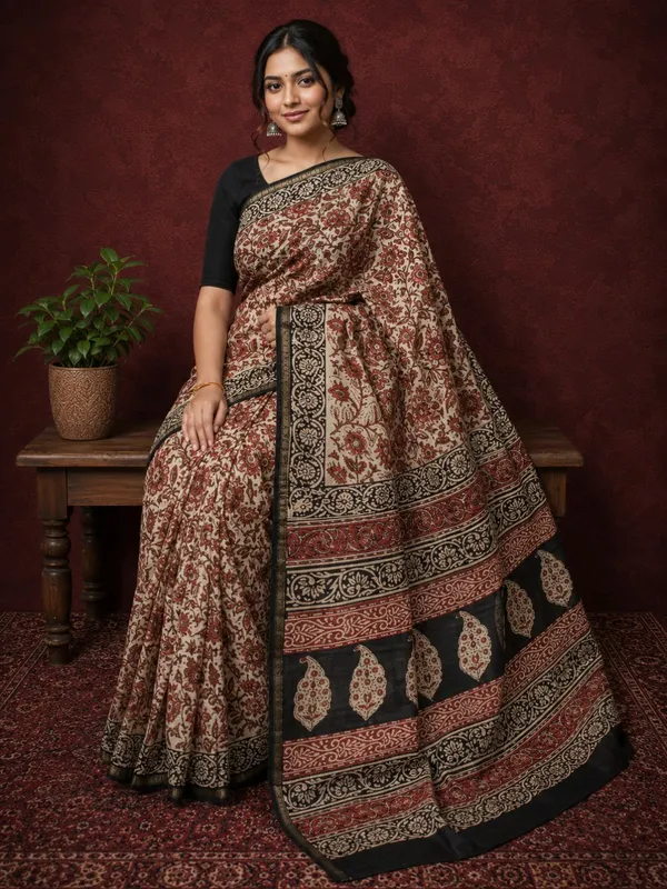 Kalamkari_Vaibhav_Chanderi_Silk_Saree_Fawn_Beige