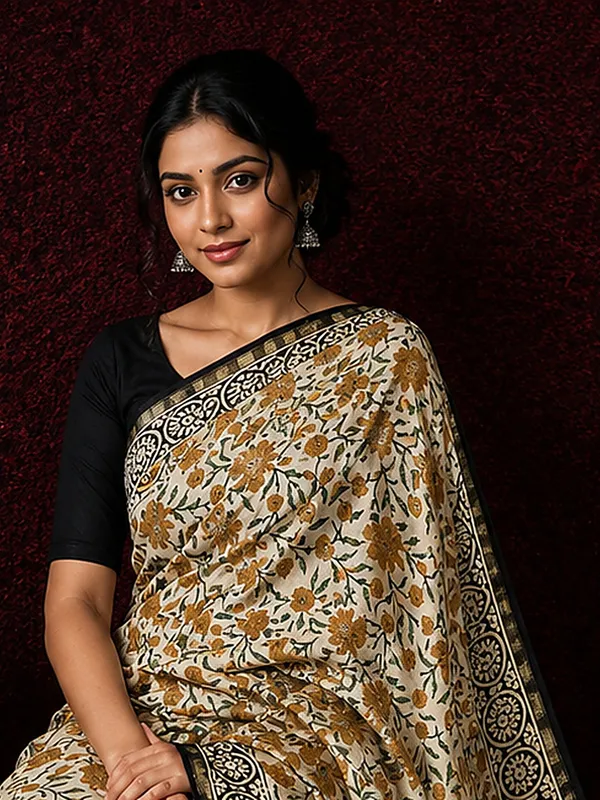 Kalamkari_Vaibhav_Chanderi_Silk_Saree_Flax_Beige