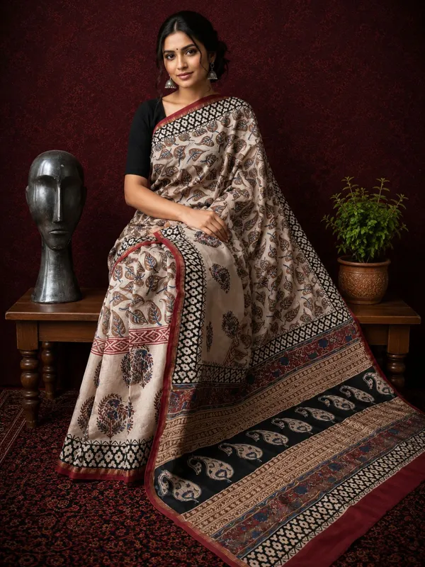 Kalamkari_Vaibhav_Chanderi_Silk_Saree_Cork_Beige