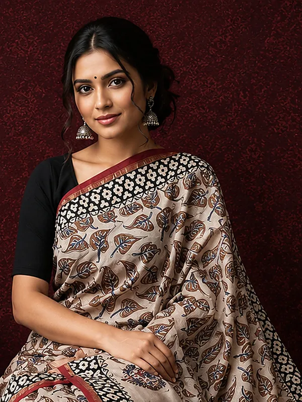 Kalamkari_Vaibhav_Chanderi_Silk_Saree_Cork_Beige