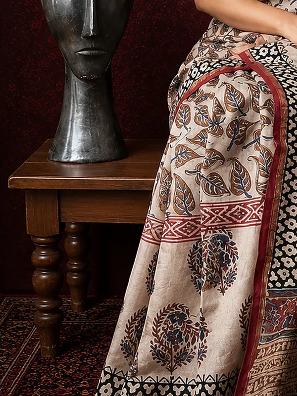 Kalamkari_Vaibhav_Chanderi_Silk_Saree_Cork_Beige
