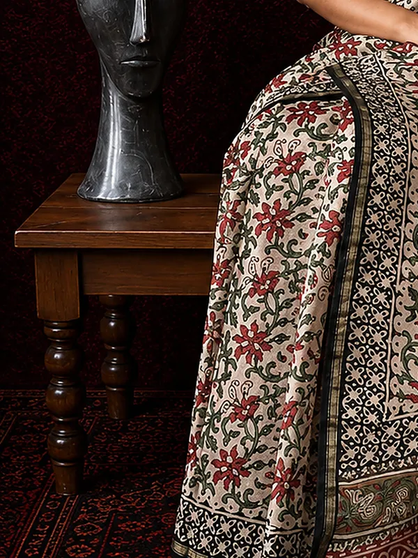Kalamkari_Vaibhav_Chanderi_Silk_Saree_Wheat_Beige