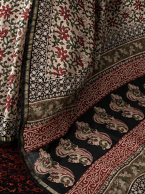 Kalamkari_Vaibhav_Chanderi_Silk_Saree_Wheat_Beige