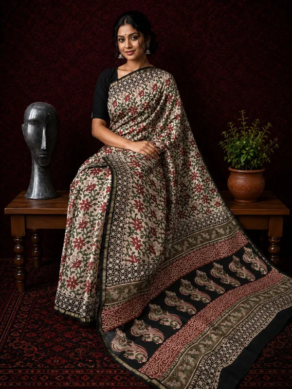 Kalamkari_Vaibhav_Chanderi_Silk_Saree_Wheat_Beige
