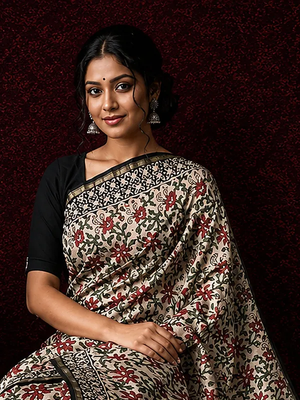 Kalamkari_Vaibhav_Chanderi_Silk_Saree_Wheat_Beige