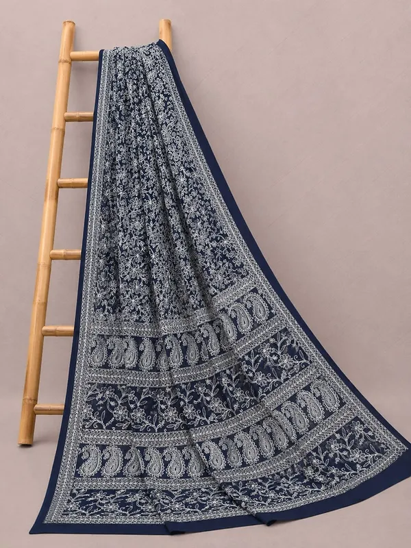 Ruhaani_Georgette_Chikankari_Saree_Navy_Blue