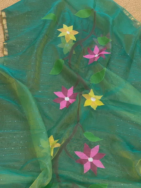 Kusum_Pure_Muslin_Jamdani_Sequin_Saree_Teal