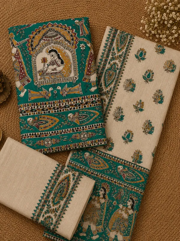 Hastakala_Khadi_Cotton_Madhubani_Suit_Set_(T+B+D)_Teal_Green