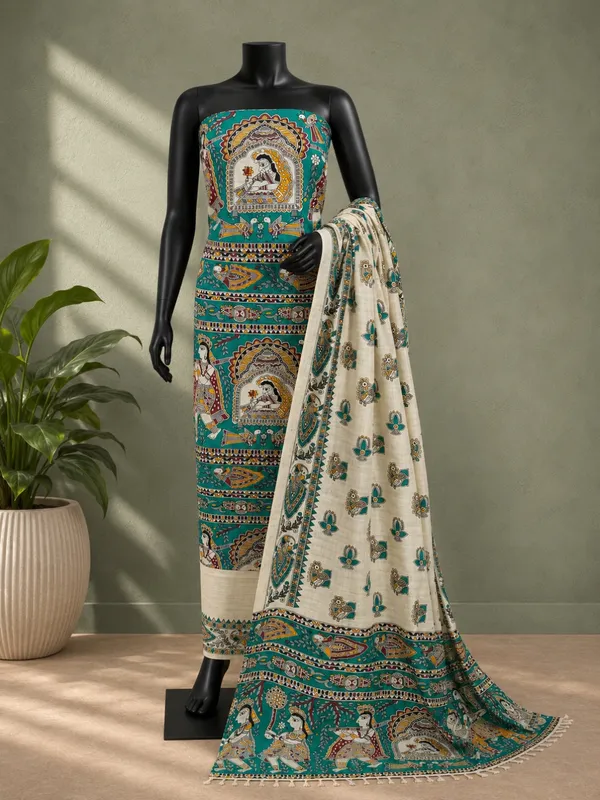 Hastakala_Khadi_Cotton_Madhubani_Suit_Set_(T+B+D)_Teal_Green