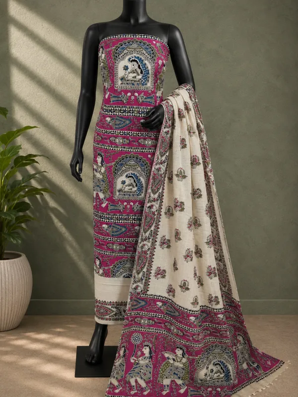 Hastakala_Khadi_Cotton_Madhubani_Suit_Set_(T+B+D)_Magenta