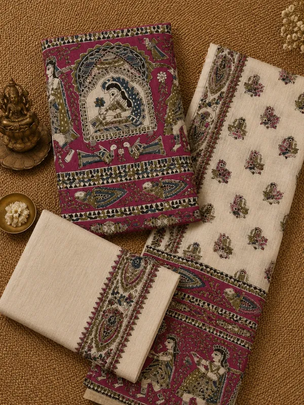 Hastakala_Khadi_Cotton_Madhubani_Suit_Set_(T+B+D)_Magenta