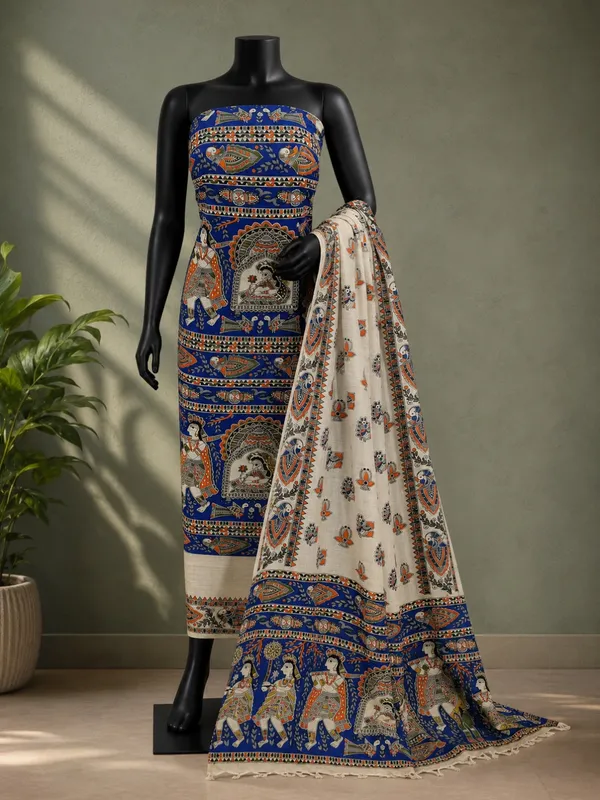 Hastakala_Khadi_Cotton_Madhubani_Suit_Set_(T+B+D)_Cobalt_Blue