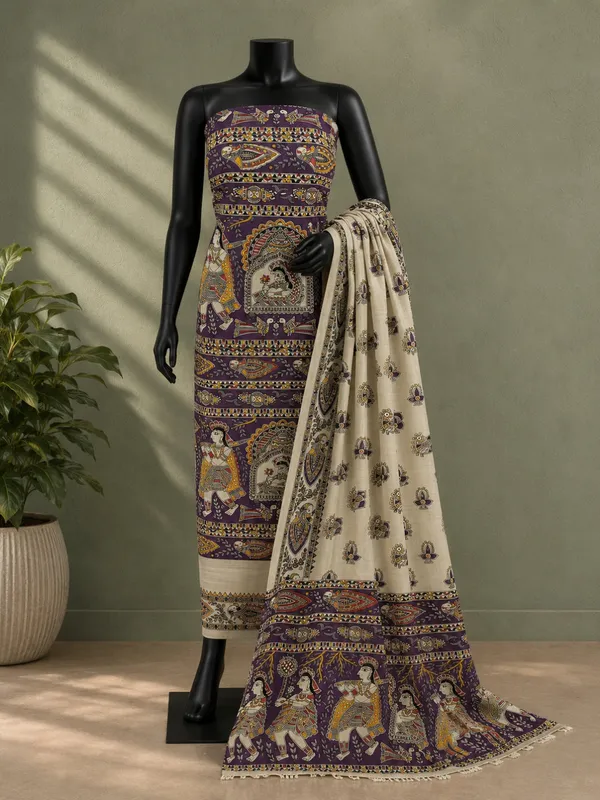 Hastakala_Khadi_Cotton_Madhubani_Suit_Set_(T+B+D)_Deep_Plum