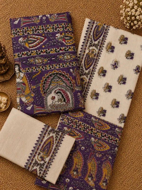 Hastakala_Khadi_Cotton_Madhubani_Suit_Set_(T+B+D)_Deep_Plum