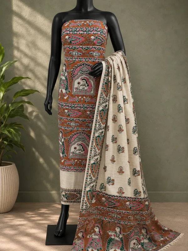 Hastakala_Khadi_Cotton_Madhubani_Suit_Set_(T+B+D)_Rust