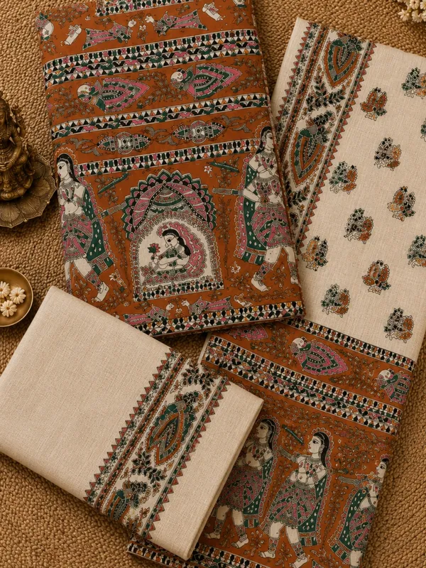 Hastakala_Khadi_Cotton_Madhubani_Suit_Set_(T+B+D)_Rust
