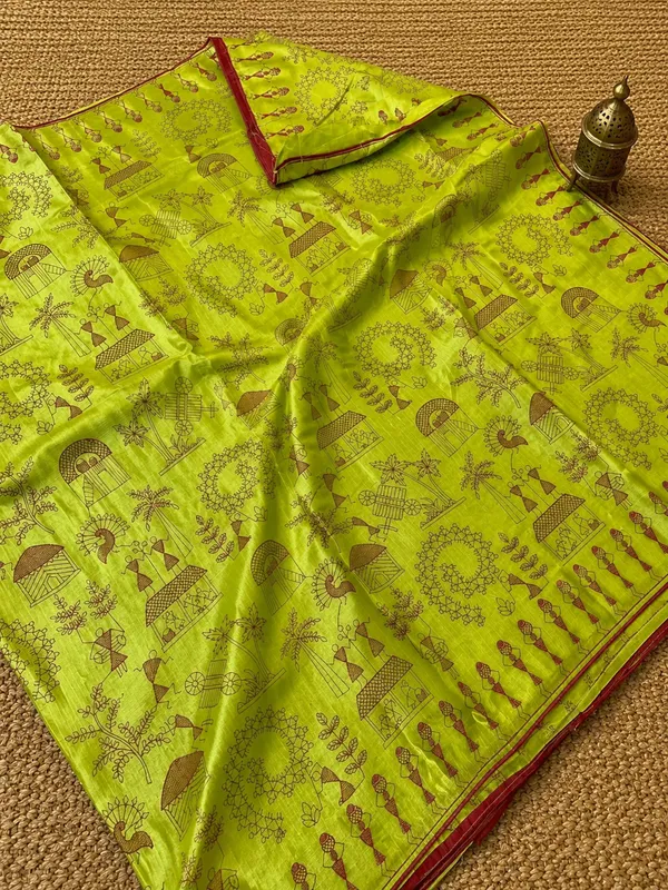 Parampara_Silkmark_Tussar_Silk_Embroidery_Saree_Lime_Green