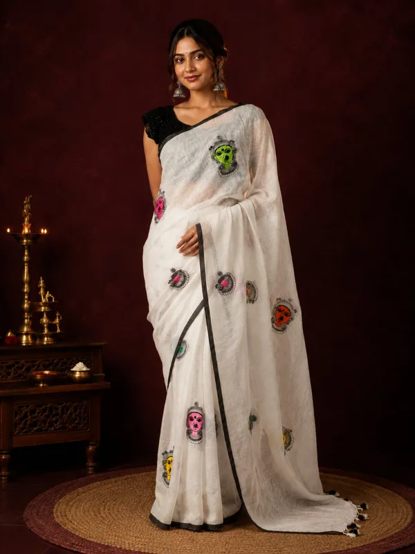 Aakriti_Pure_Linen_Embroidered_Saree_Crisp_White