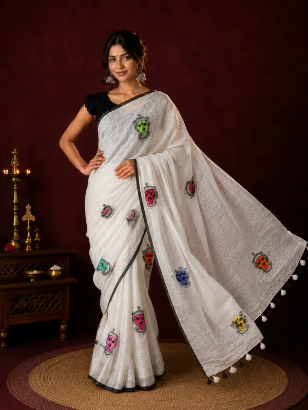 Aakriti_Pure_Linen_Embroidered_Saree_Crisp_White