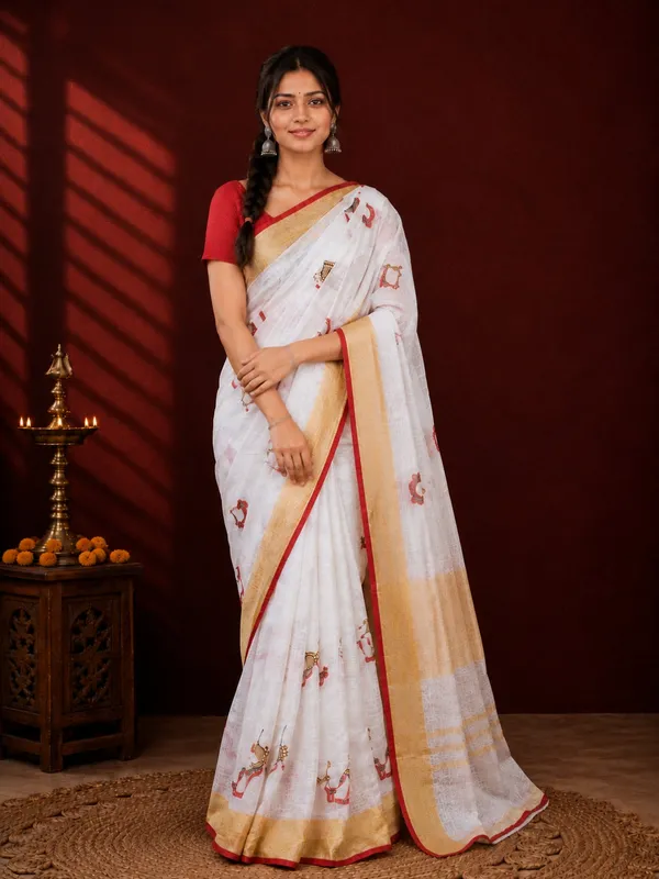 Aakriti_Pure_Linen_Embroidered_Saree_Ivory_White