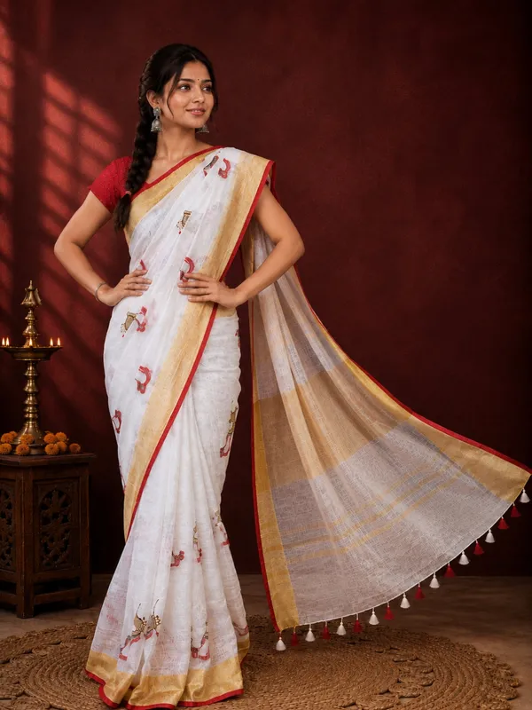 Aakriti_Pure_Linen_Embroidered_Saree_Ivory_White