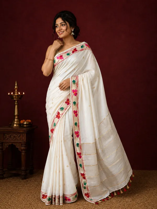 Aamani_Silk_Linen_Embroidered_Saree_Ivory_White
