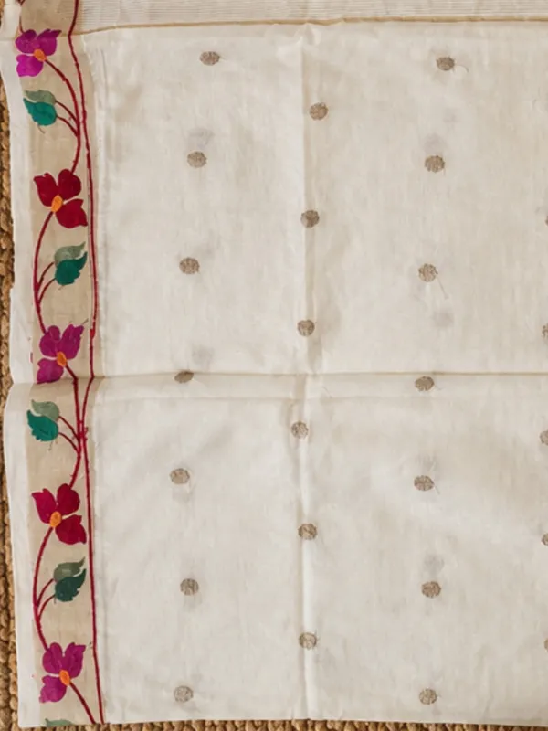 Aamani_Silk_Linen_Embroidered_Saree_Ivory_White