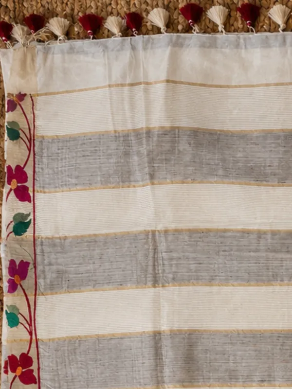 Aamani_Silk_Linen_Embroidered_Saree_Ivory_White