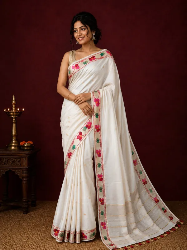 Aamani_Silk_Linen_Embroidered_Saree_Ivory_White
