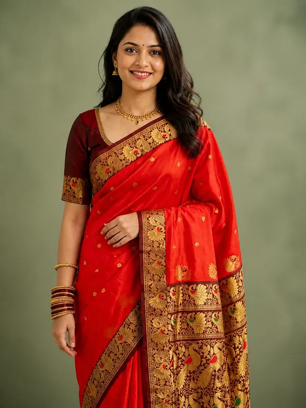 Mihira_Peshwai_Paithani_Silk_Handloom_Saree_Tomato_Red