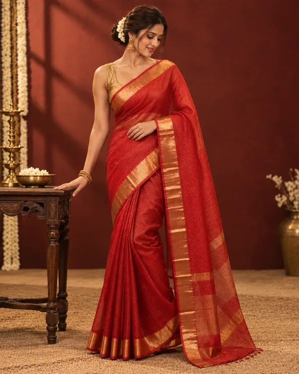 Sindoori_Pure_Maheshwari_Zari_Checks_Saree_Vibrant_Red