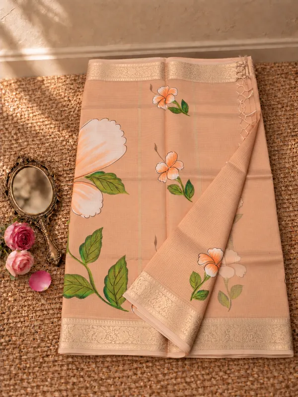 Milana_Kota_Doria_Semi_Silk_Hand-Painted_Saree_Light_Peach
