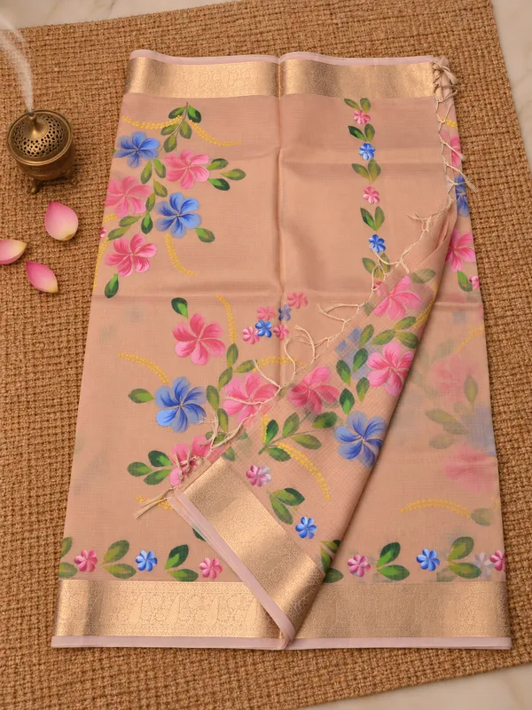 Rangini_Kota_Doria_Semi_Silk_Hand-Painted_Saree_Salmon_Pink