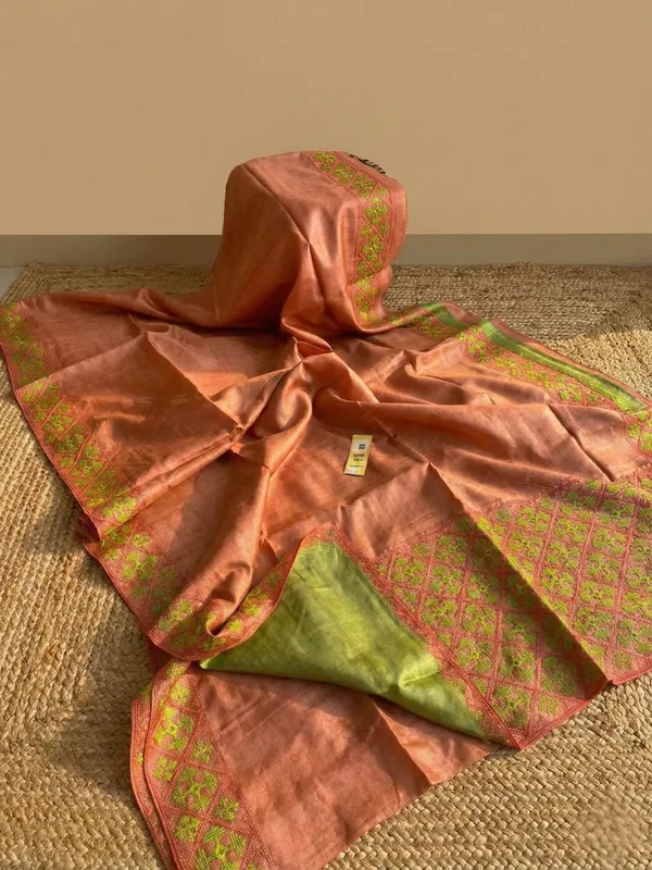 Mridini_Silkmark_Tussar_Silk_Embroidery_Saree_Peach