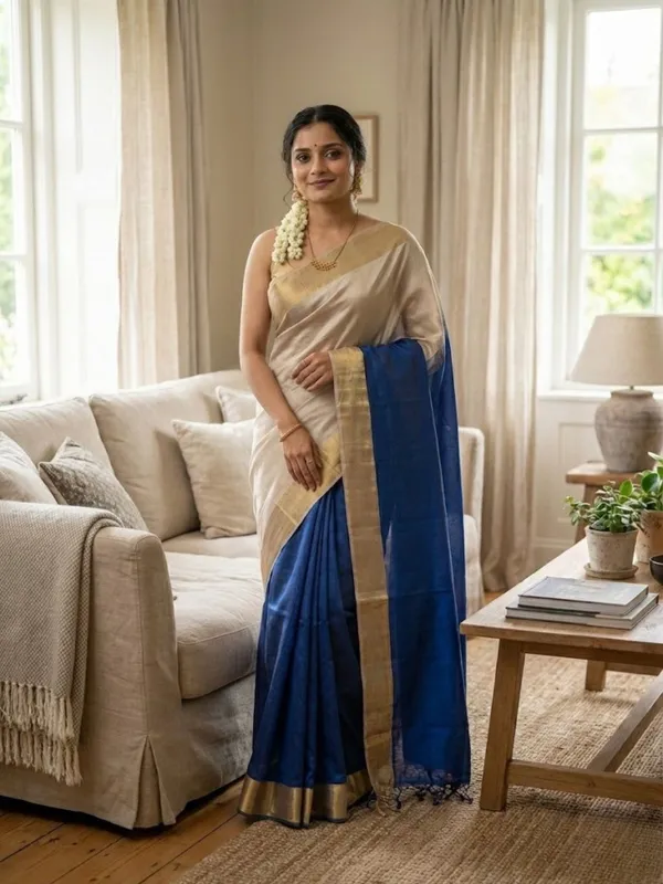 Handloom_Kota_Silk_Beige_&_Royal_Blue_Saree
