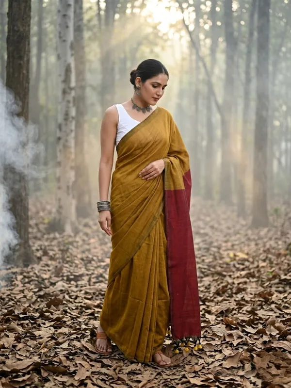 Earthloom_Handdyed_Khadi_Cotton_Saree_Mustard